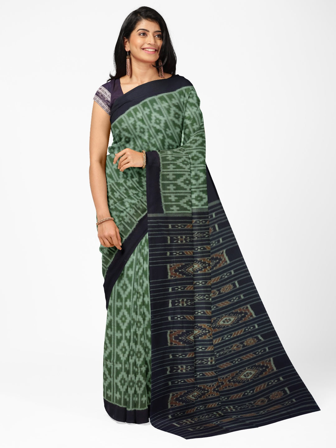 Green Cotton Odisha Ikat saree with mix match cotton ikat blouse piece