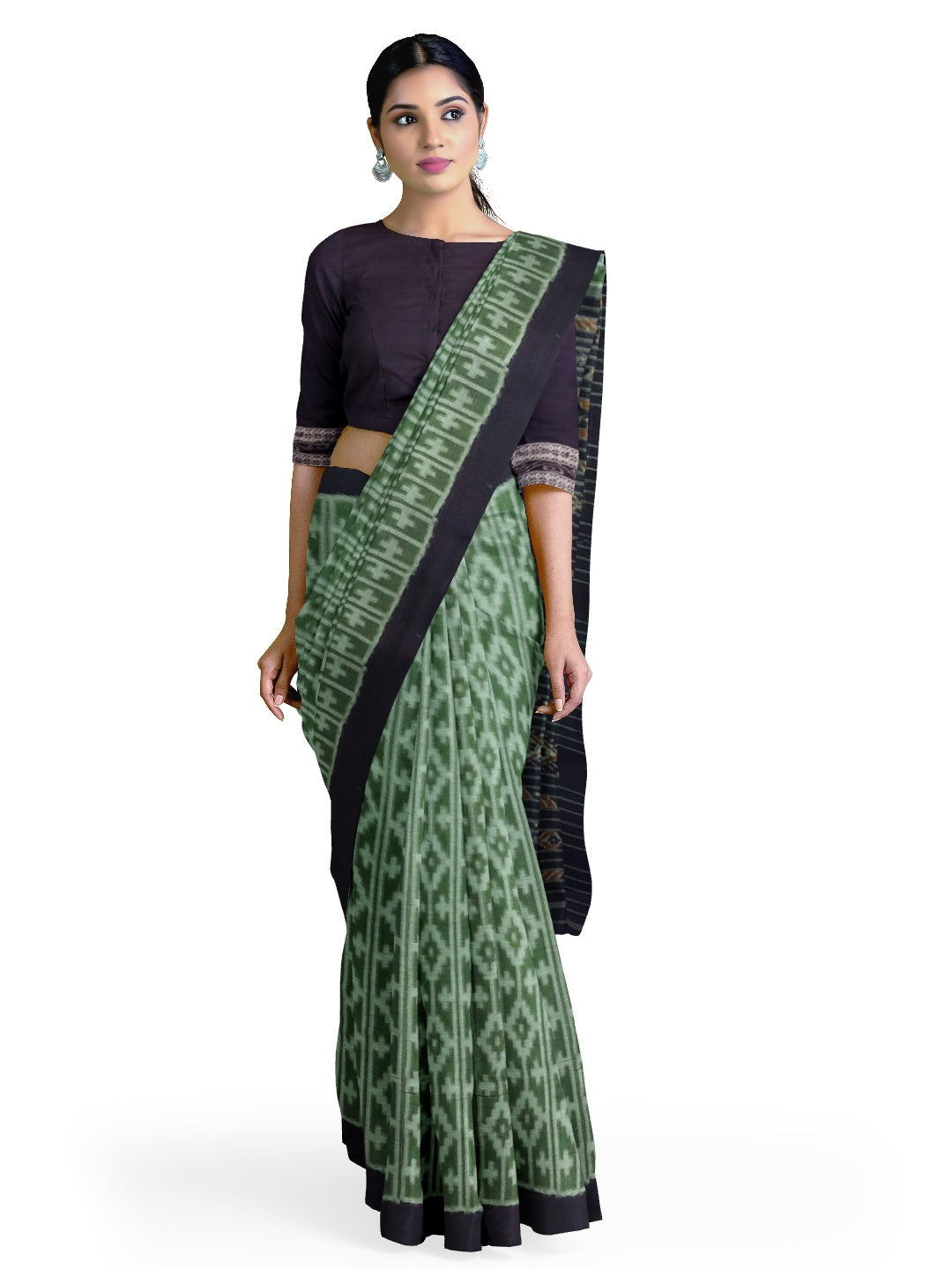 Green Cotton Odisha Ikat saree with mix match cotton ikat blouse piece