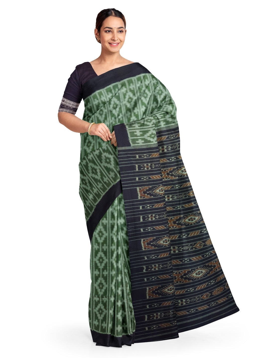 Green Cotton Odisha Ikat saree with mix match cotton ikat blouse piece