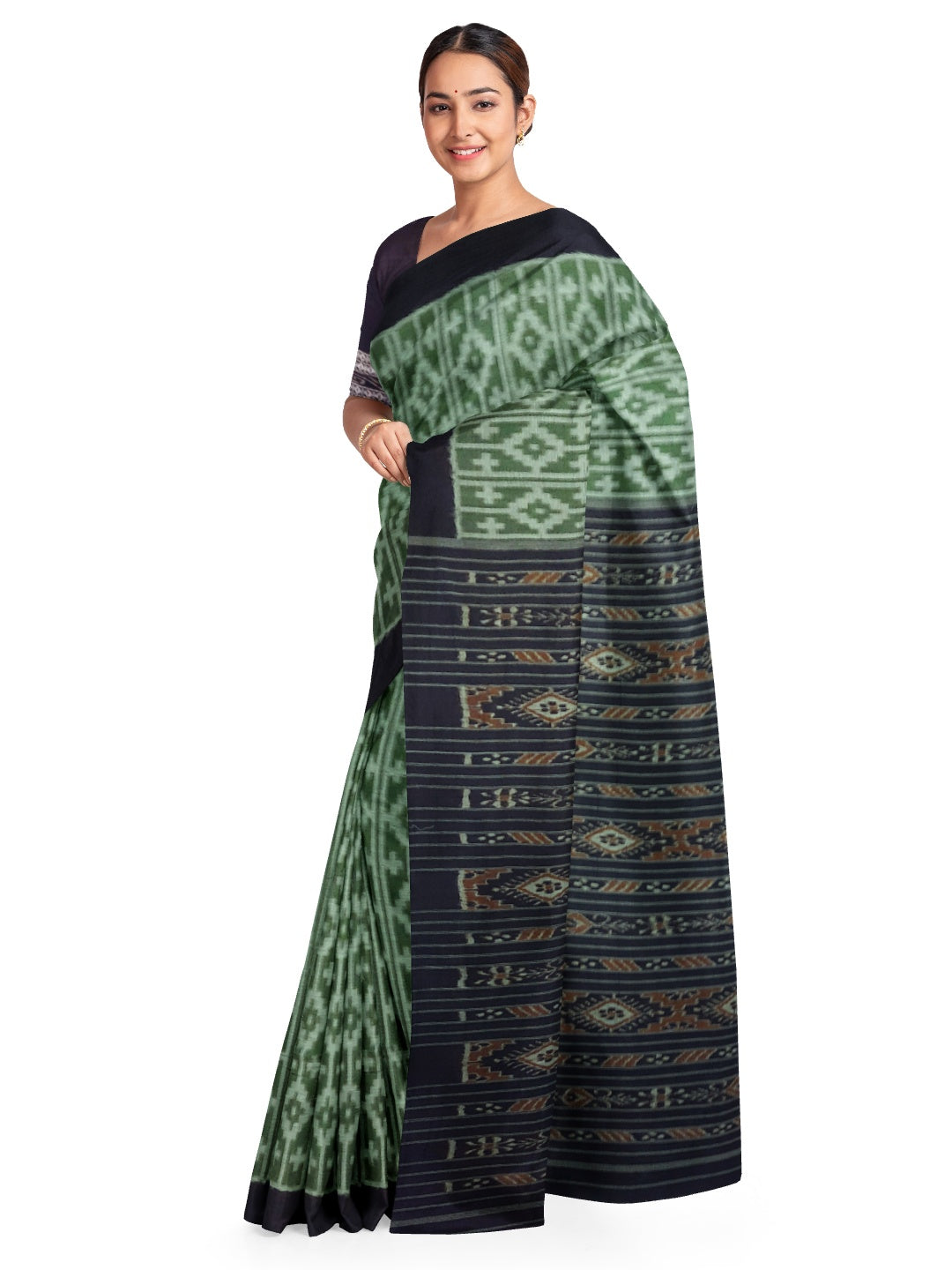Green Cotton Odisha Ikat saree with mix match cotton ikat blouse piece