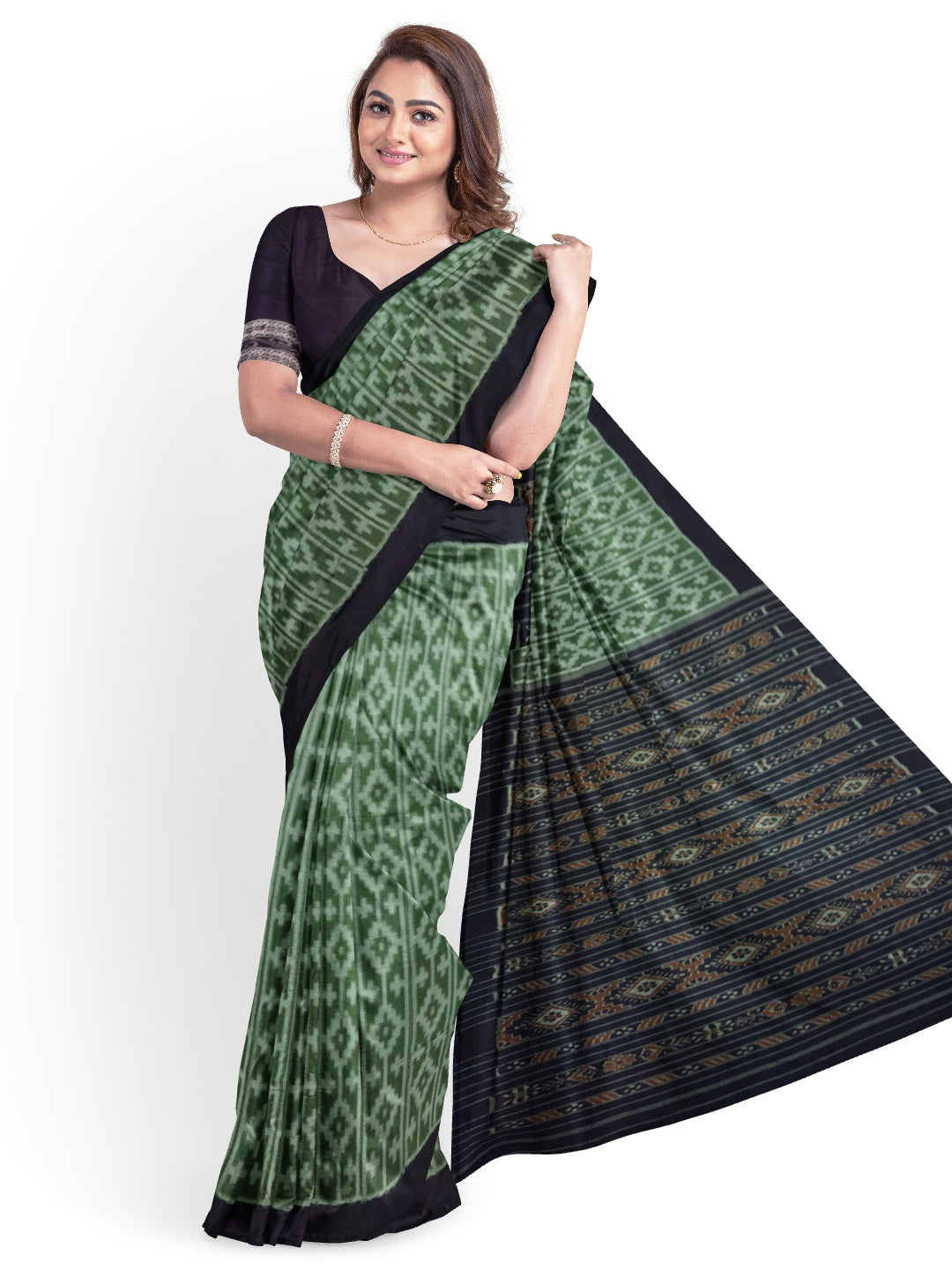 Green Cotton Odisha Ikat saree with mix match cotton ikat blouse piece