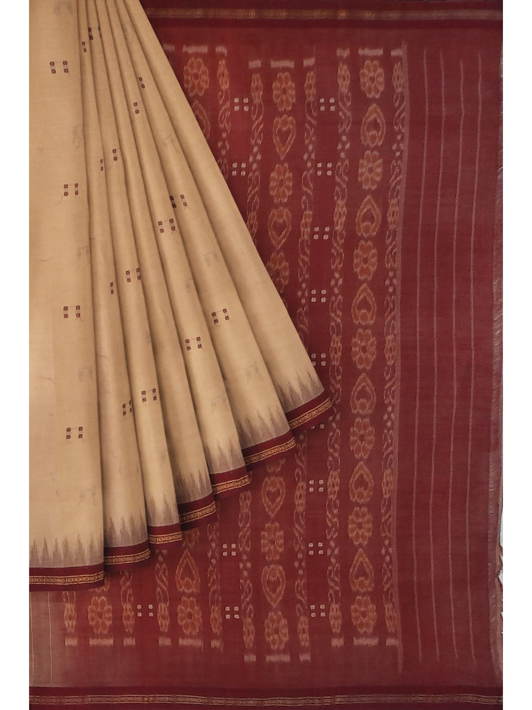 Beige with Maroon Cotton Odisha Ikat saree with cotton ikat blouse piece
