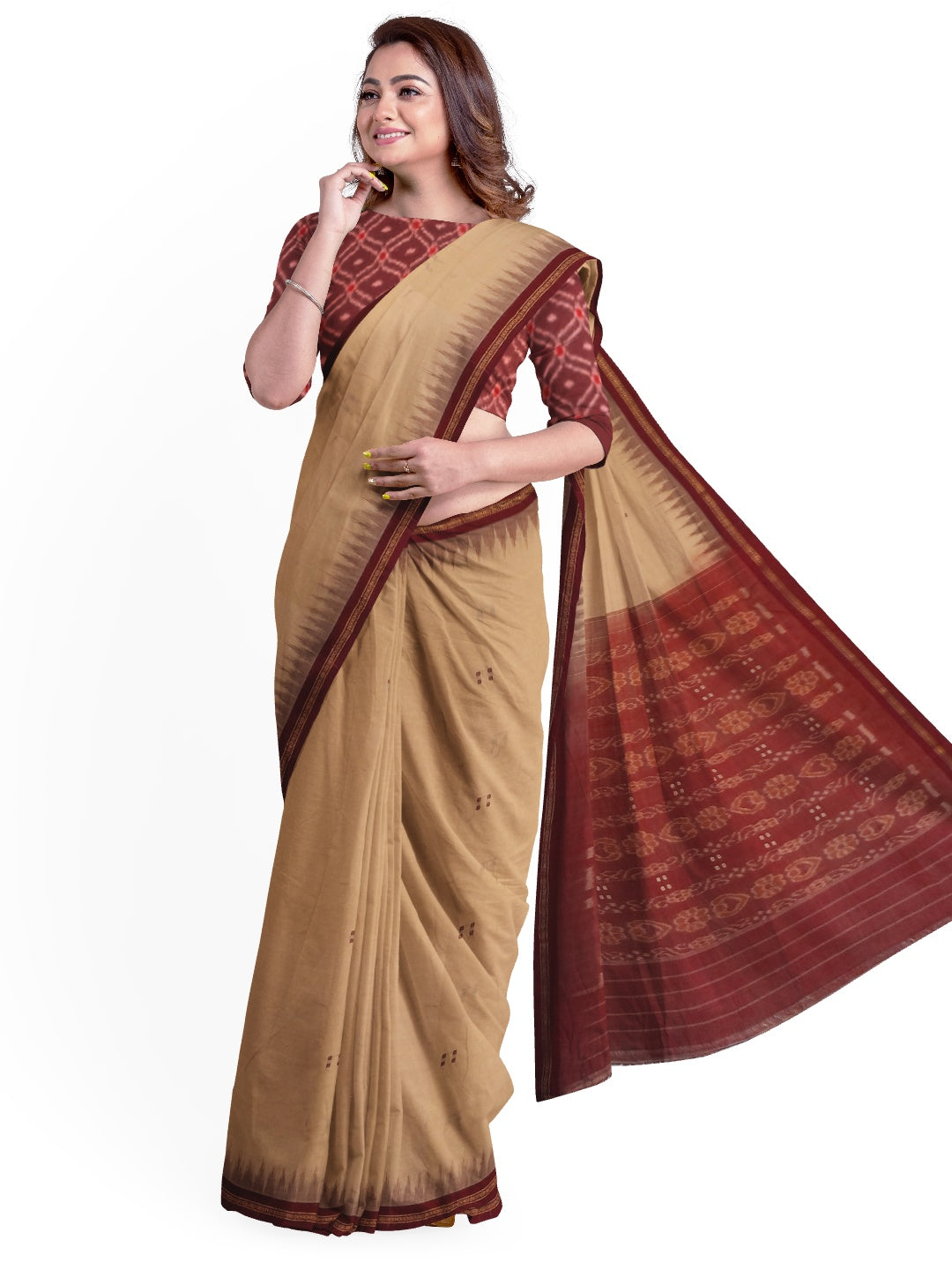 Beige with Maroon Cotton Odisha Ikat saree with cotton ikat blouse piece