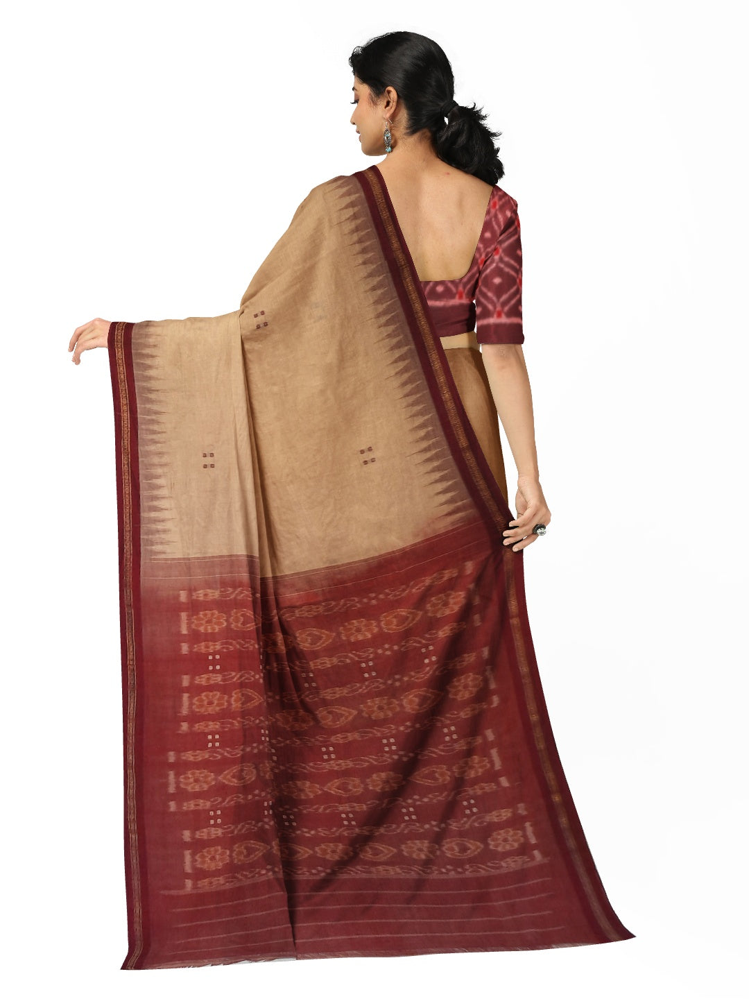 Beige with Maroon Cotton Odisha Ikat saree with cotton ikat blouse piece