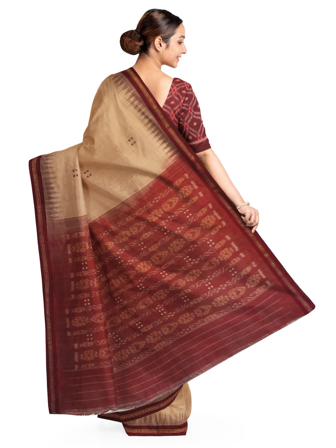 Beige with Maroon Cotton Odisha Ikat saree with cotton ikat blouse piece