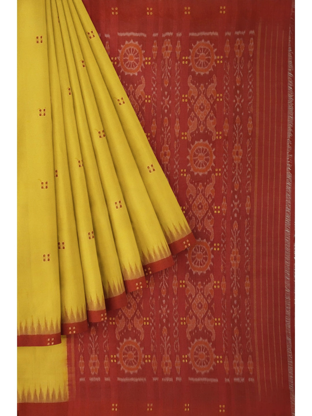 Yellow Cotton Odisha Ikat saree with mix match cotton ikat blouse piece