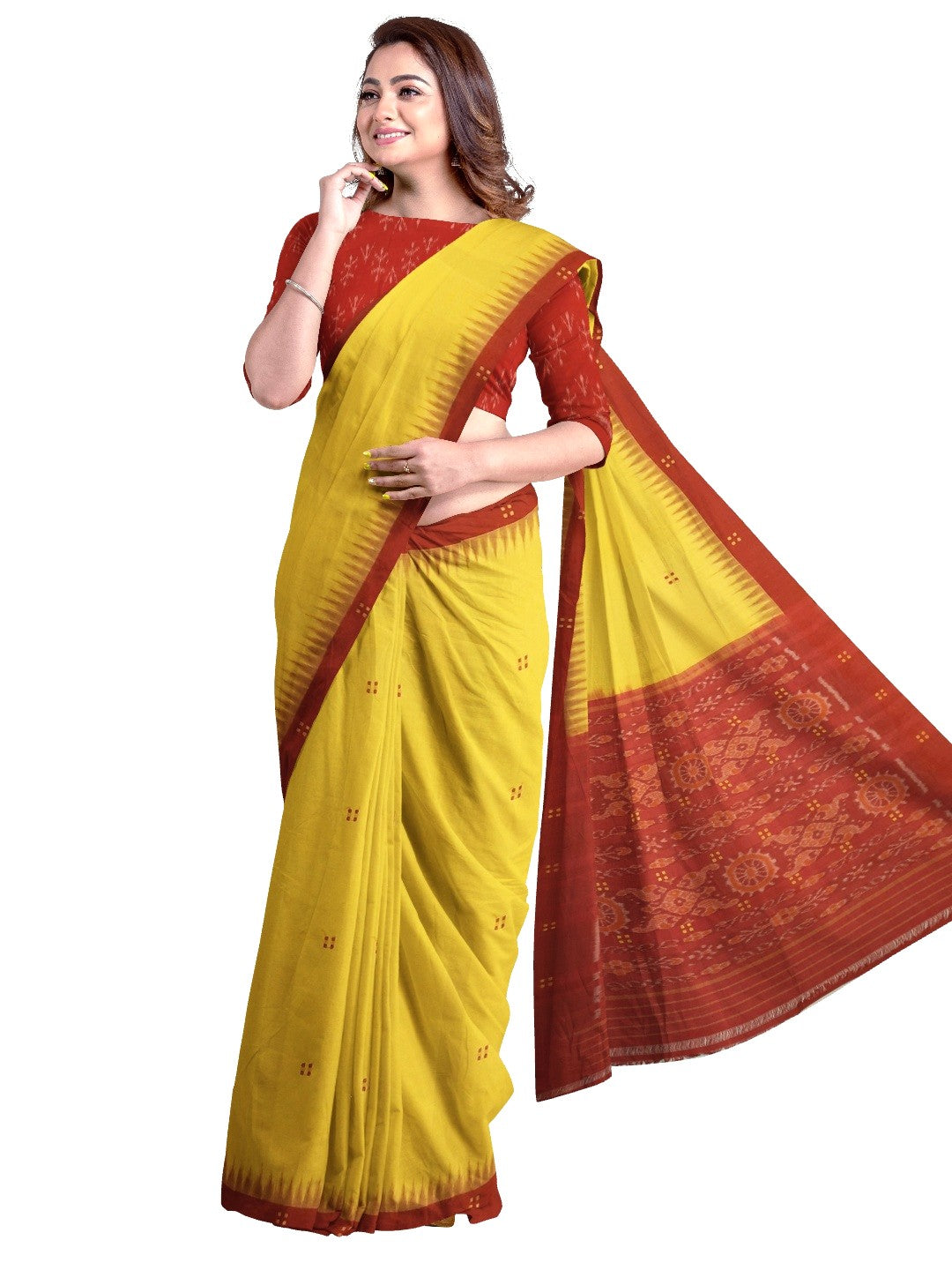 Yellow Cotton Odisha Ikat saree with mix match cotton ikat blouse piece