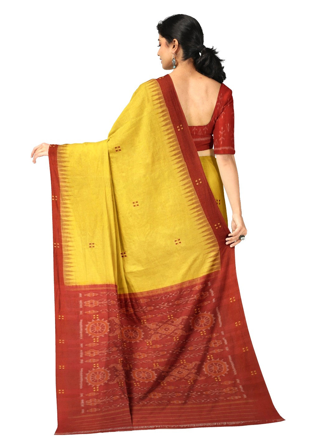 Yellow Cotton Odisha Ikat saree with mix match cotton ikat blouse piece