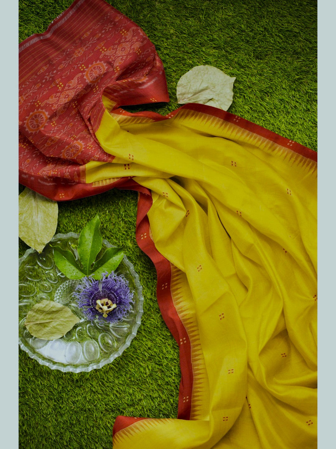 Yellow Cotton Odisha Ikat saree with mix match cotton ikat blouse piece