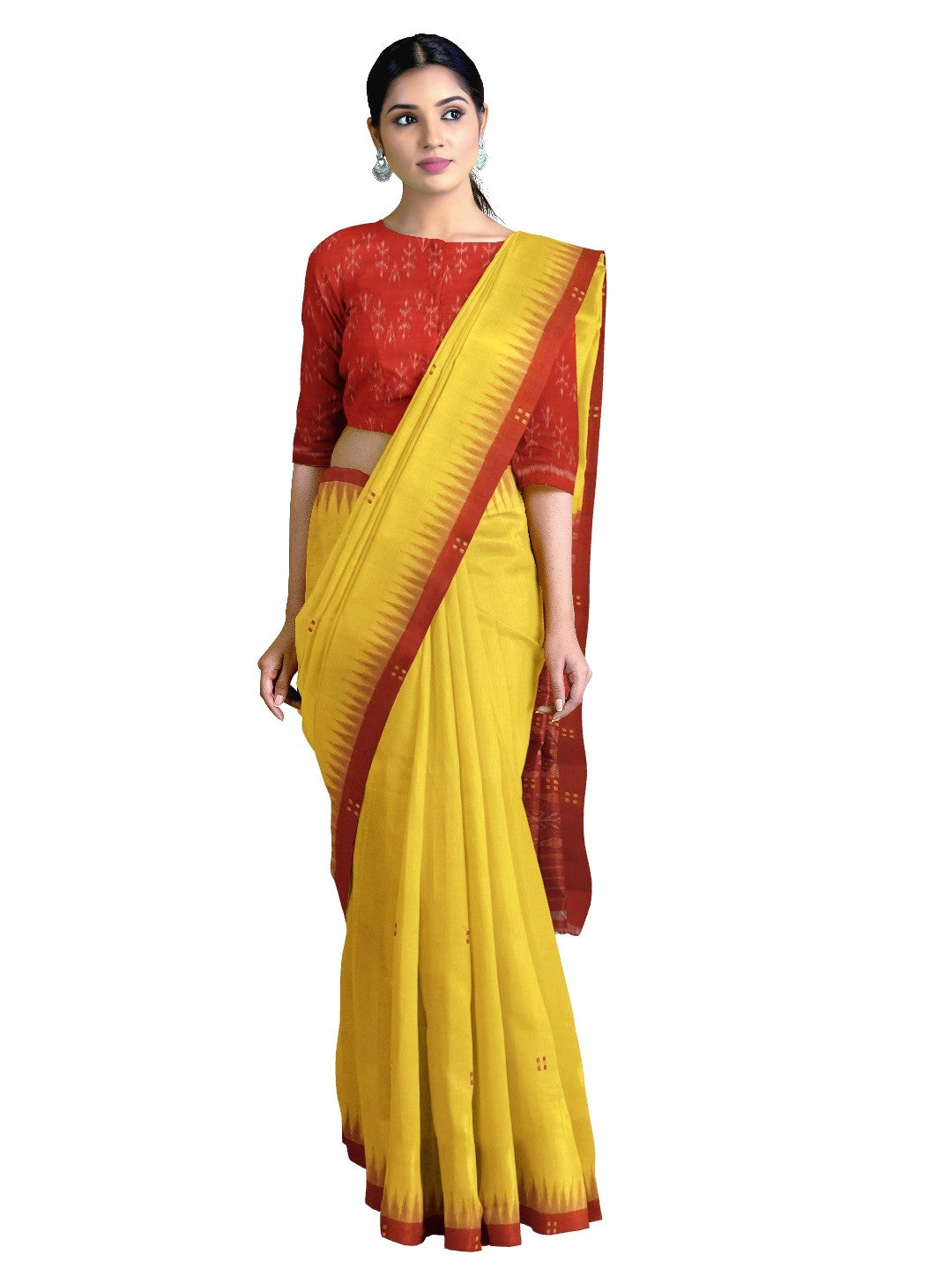 Yellow Cotton Odisha Ikat saree with mix match cotton ikat blouse piece