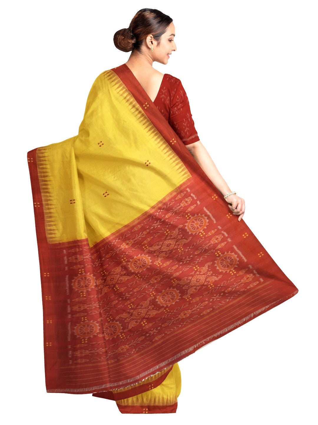 Yellow Cotton Odisha Ikat saree with mix match cotton ikat blouse piece
