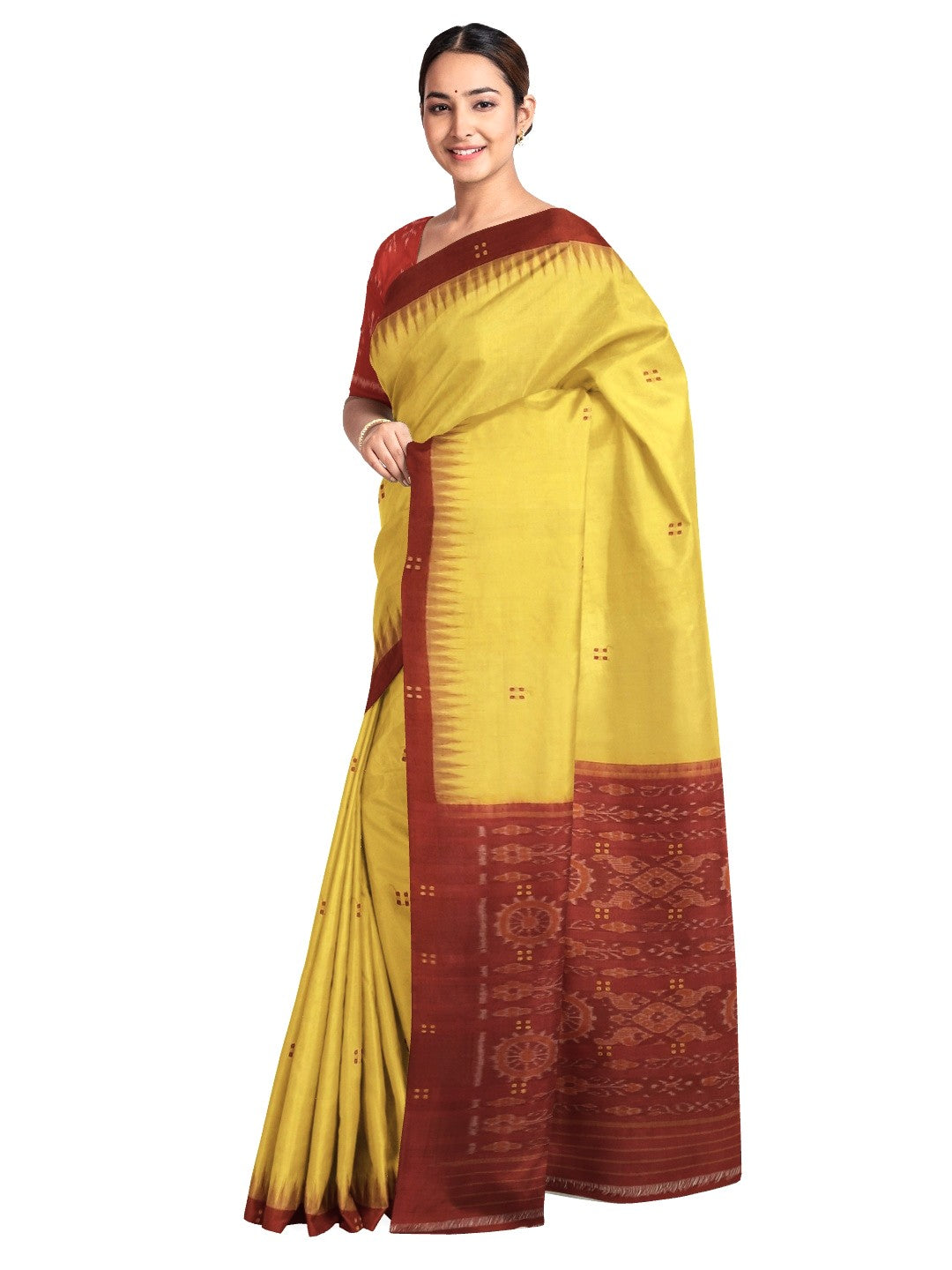 Yellow Cotton Odisha Ikat saree with mix match cotton ikat blouse piece