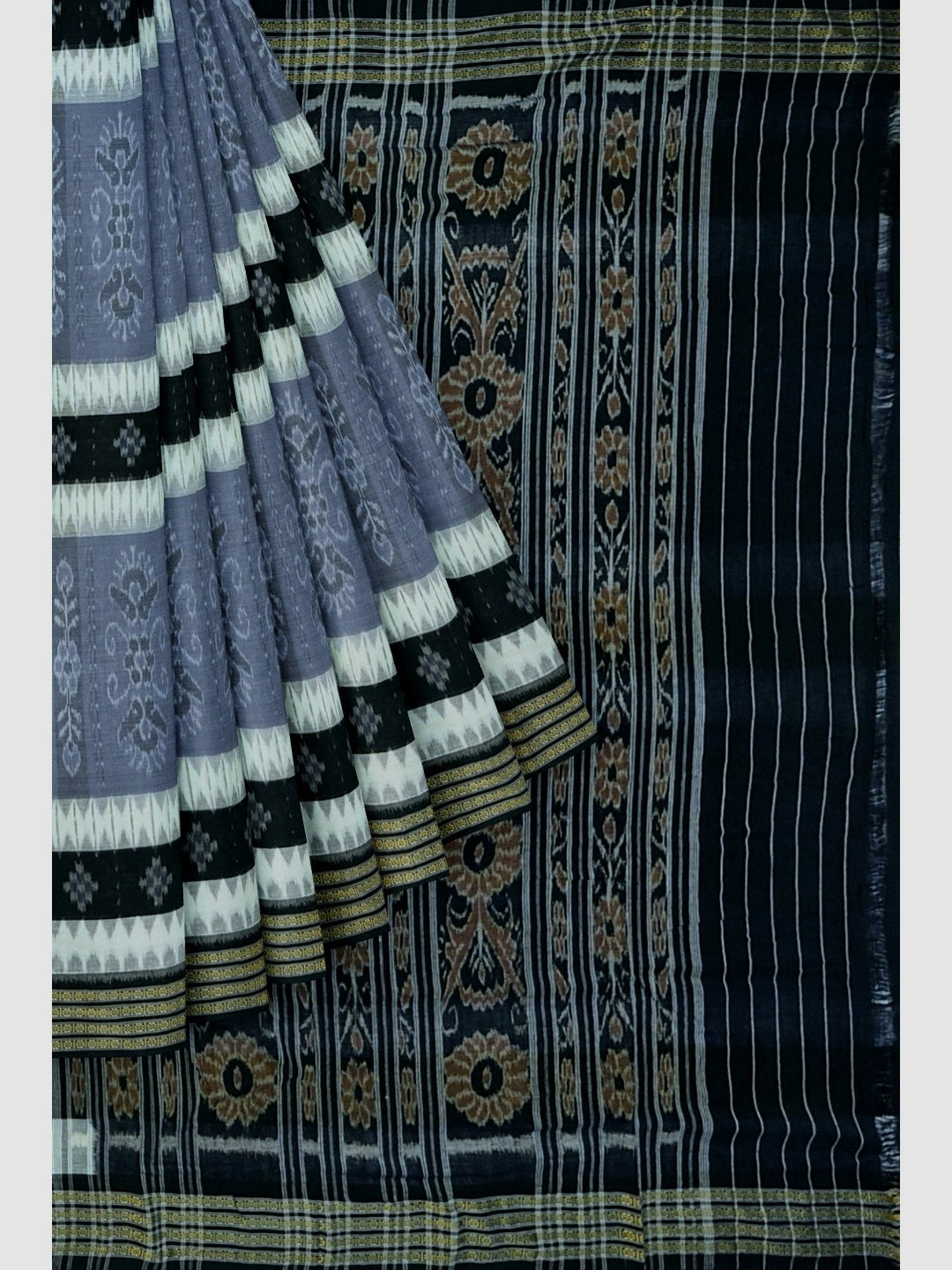 Grey with Black Cotton Ikat saree with cotton ikat blouse piece