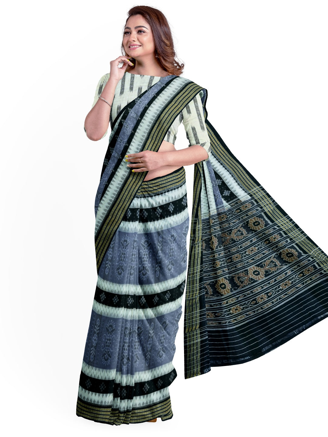 Grey with Black Cotton Ikat saree with cotton ikat blouse piece