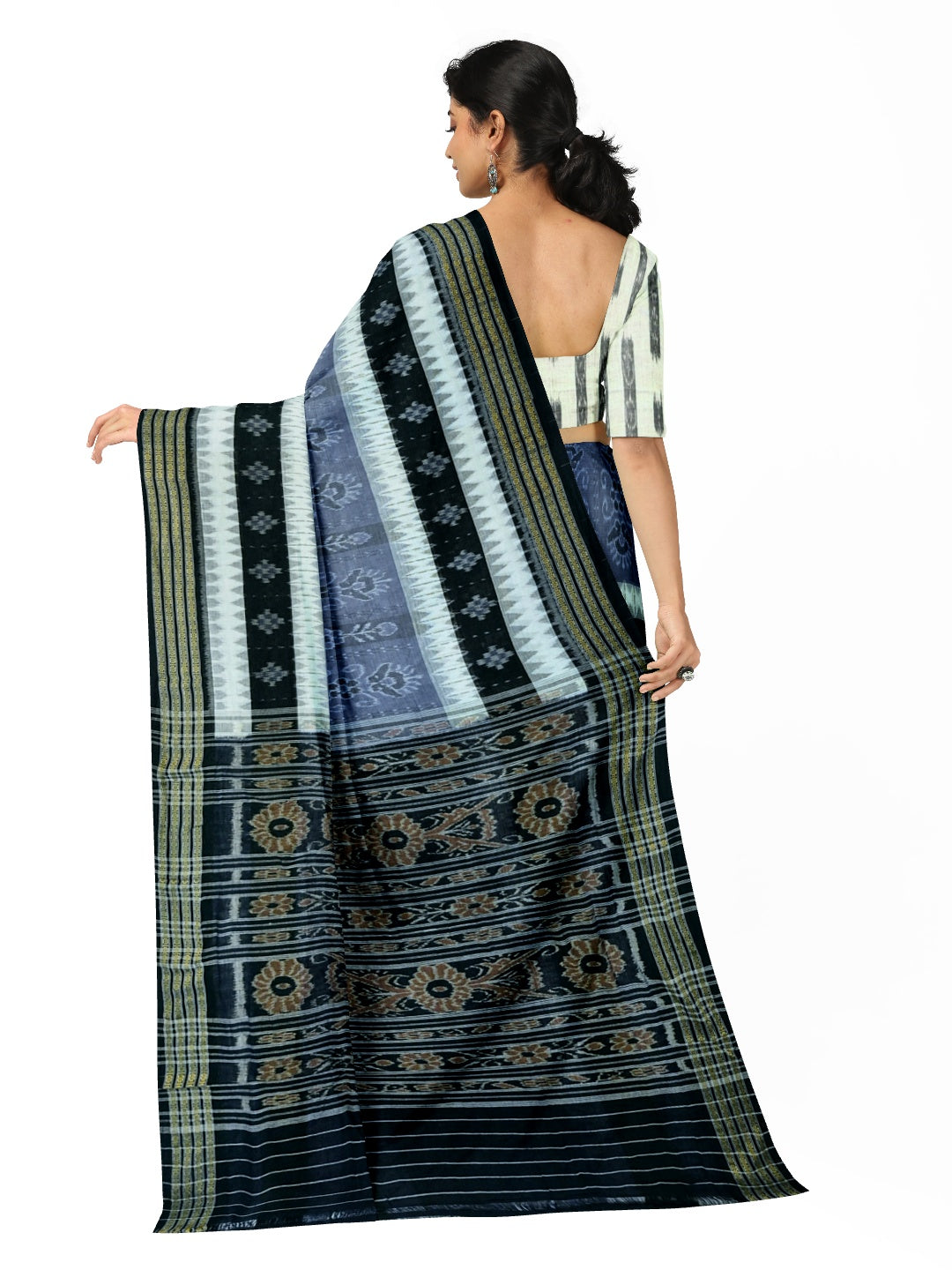 Grey with Black Cotton Ikat saree with cotton ikat blouse piece