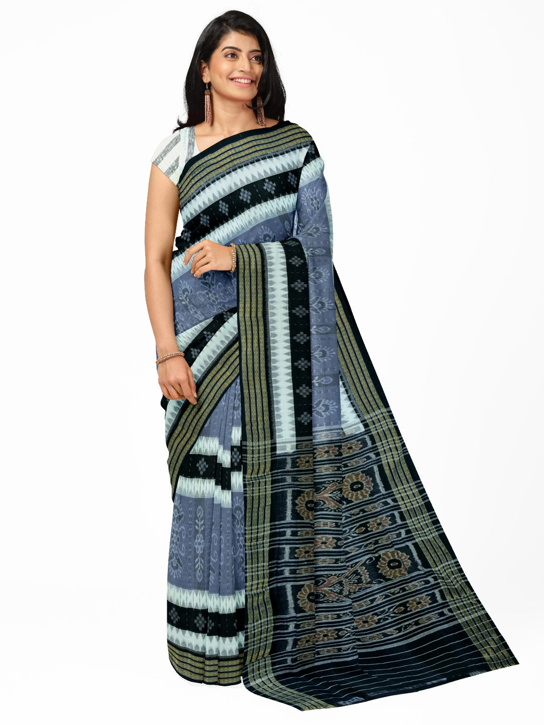Grey with Black Cotton Ikat saree with cotton ikat blouse piece