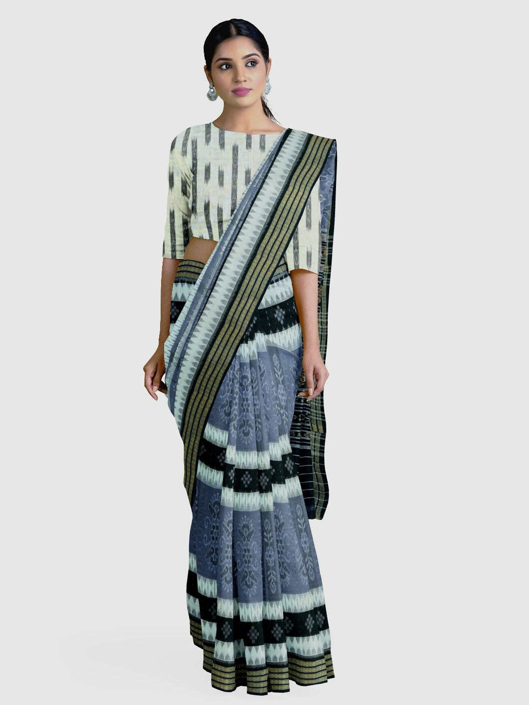 Grey with Black Cotton Ikat saree with cotton ikat blouse piece