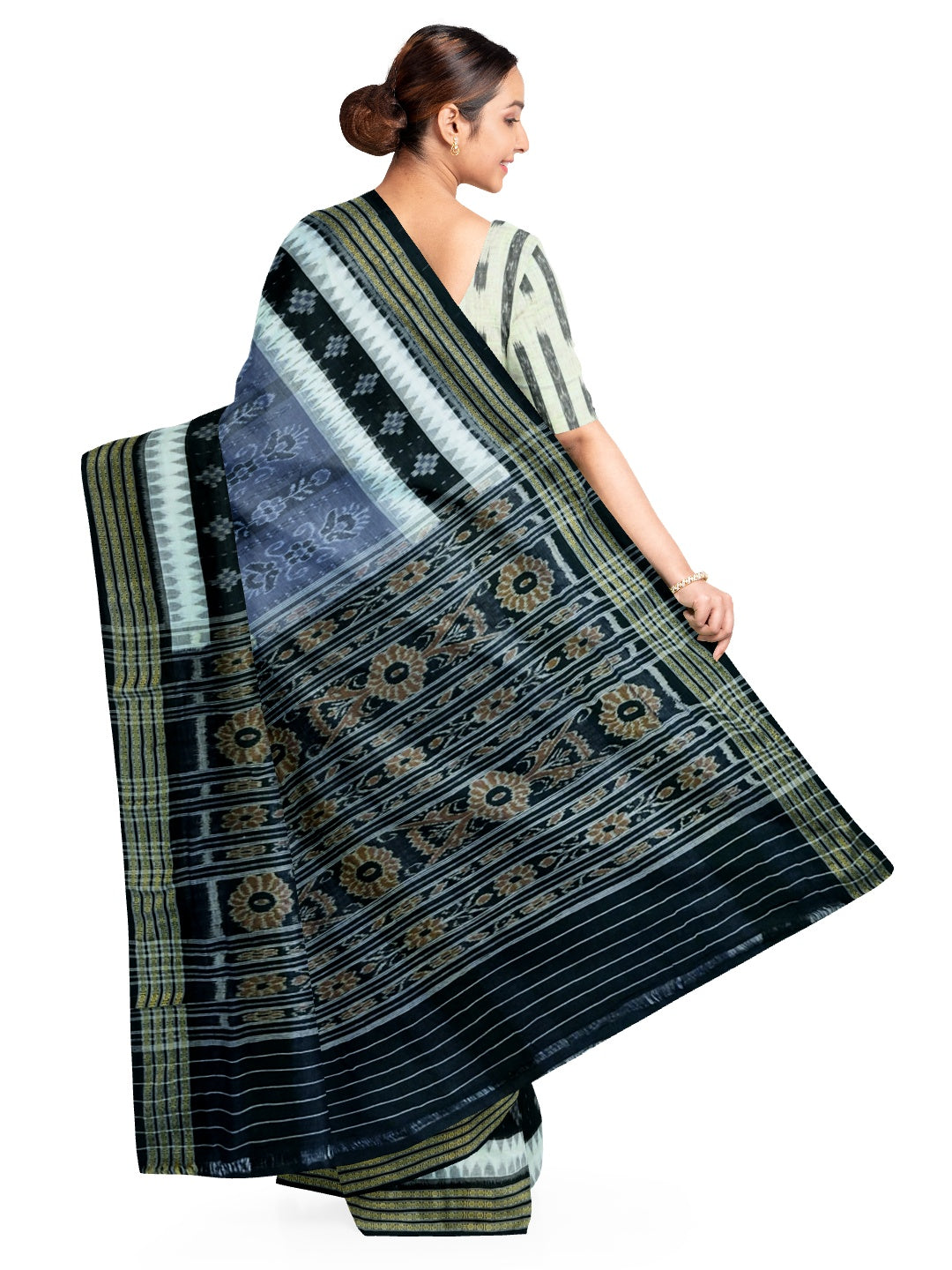 Grey with Black Cotton Ikat saree with cotton ikat blouse piece
