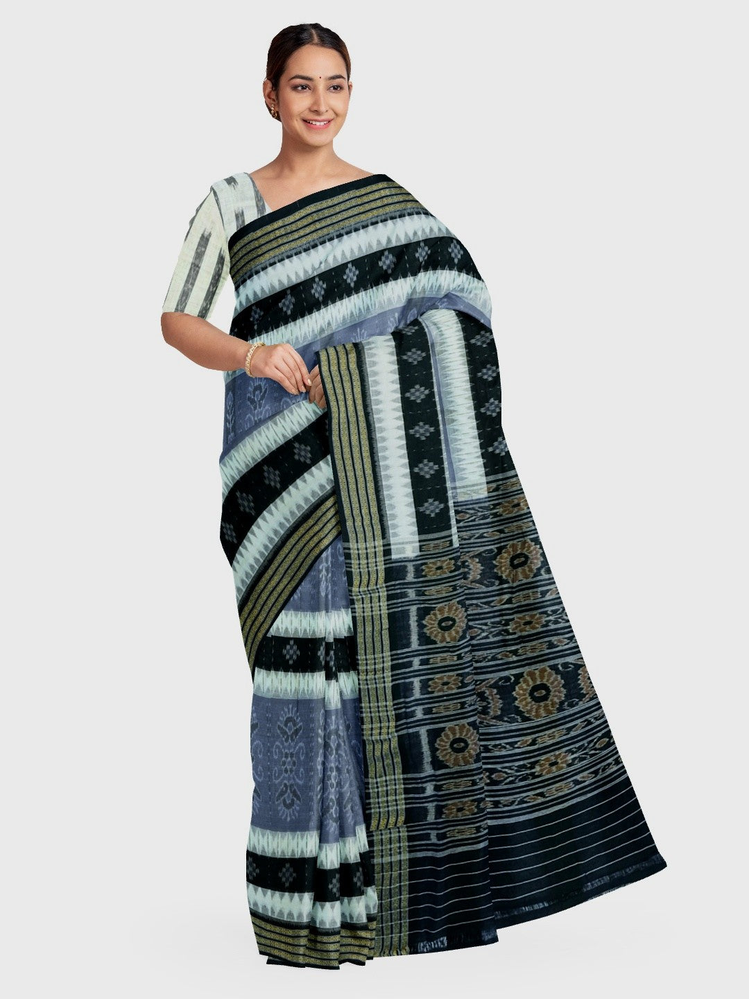 Grey with Black Cotton Ikat saree with cotton ikat blouse piece
