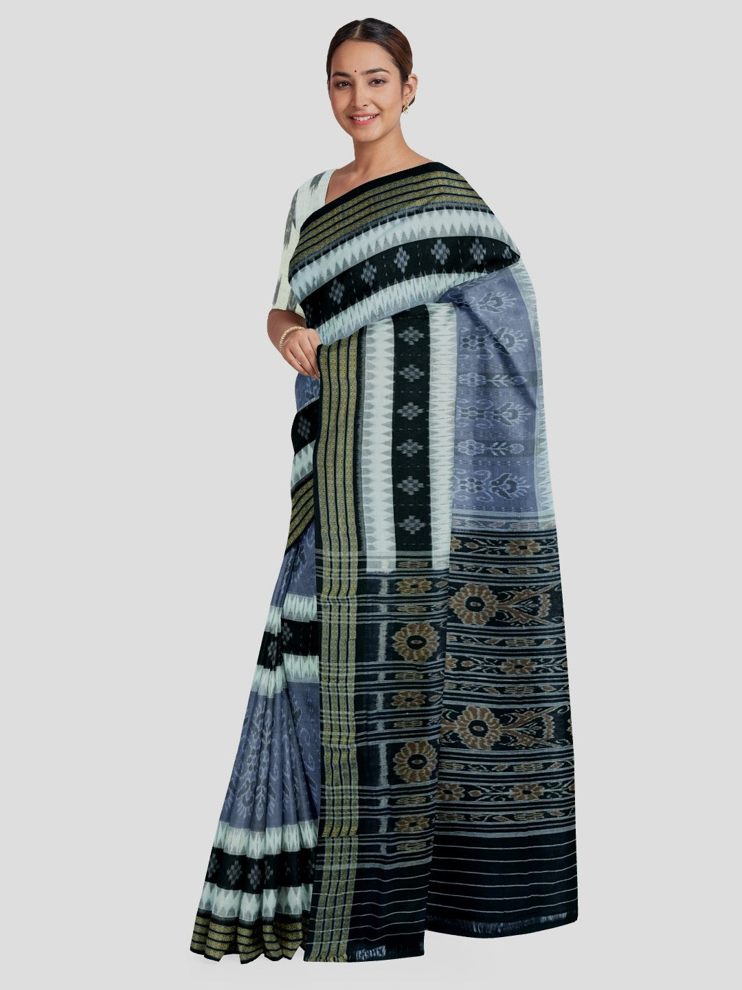 Grey with Black Cotton Ikat saree with cotton ikat blouse piece