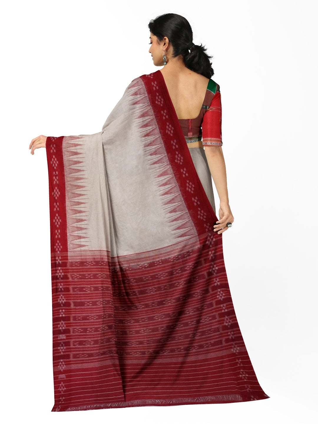 White with Red Cotton Odisha Ikat saree with cotton ikat blouse piece