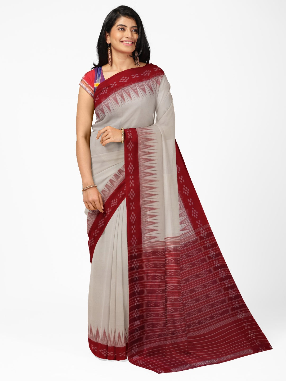 White with Red Cotton Odisha Ikat saree with cotton ikat blouse piece