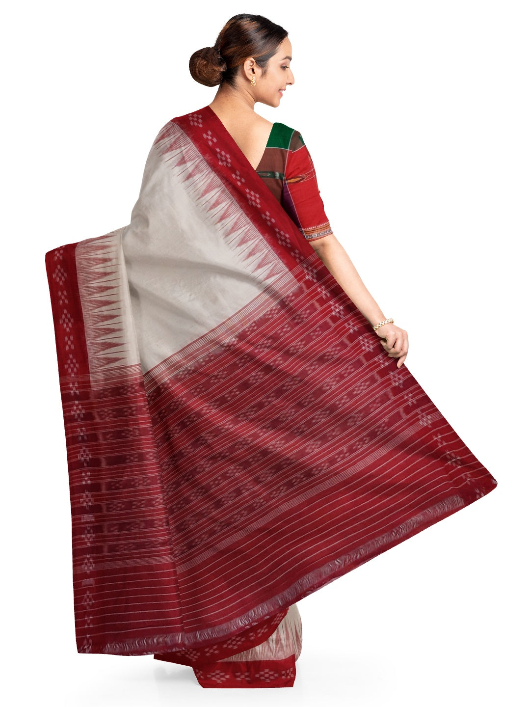 White with Red Cotton Odisha Ikat saree with cotton ikat blouse piece