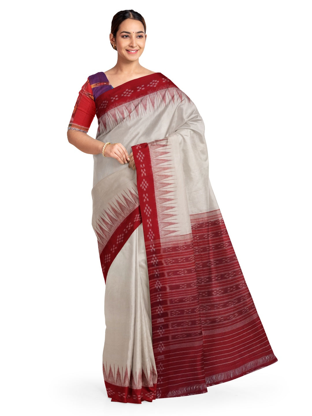 White with Red Cotton Odisha Ikat saree with cotton ikat blouse piece