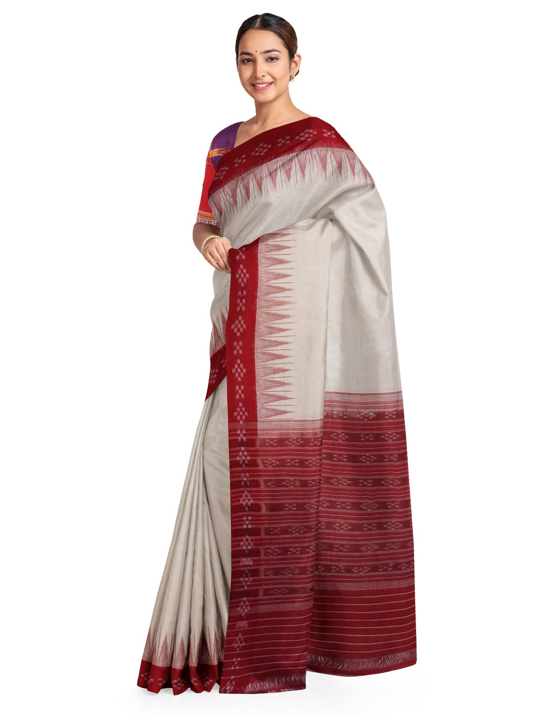 White with Red Cotton Odisha Ikat saree with cotton ikat blouse piece