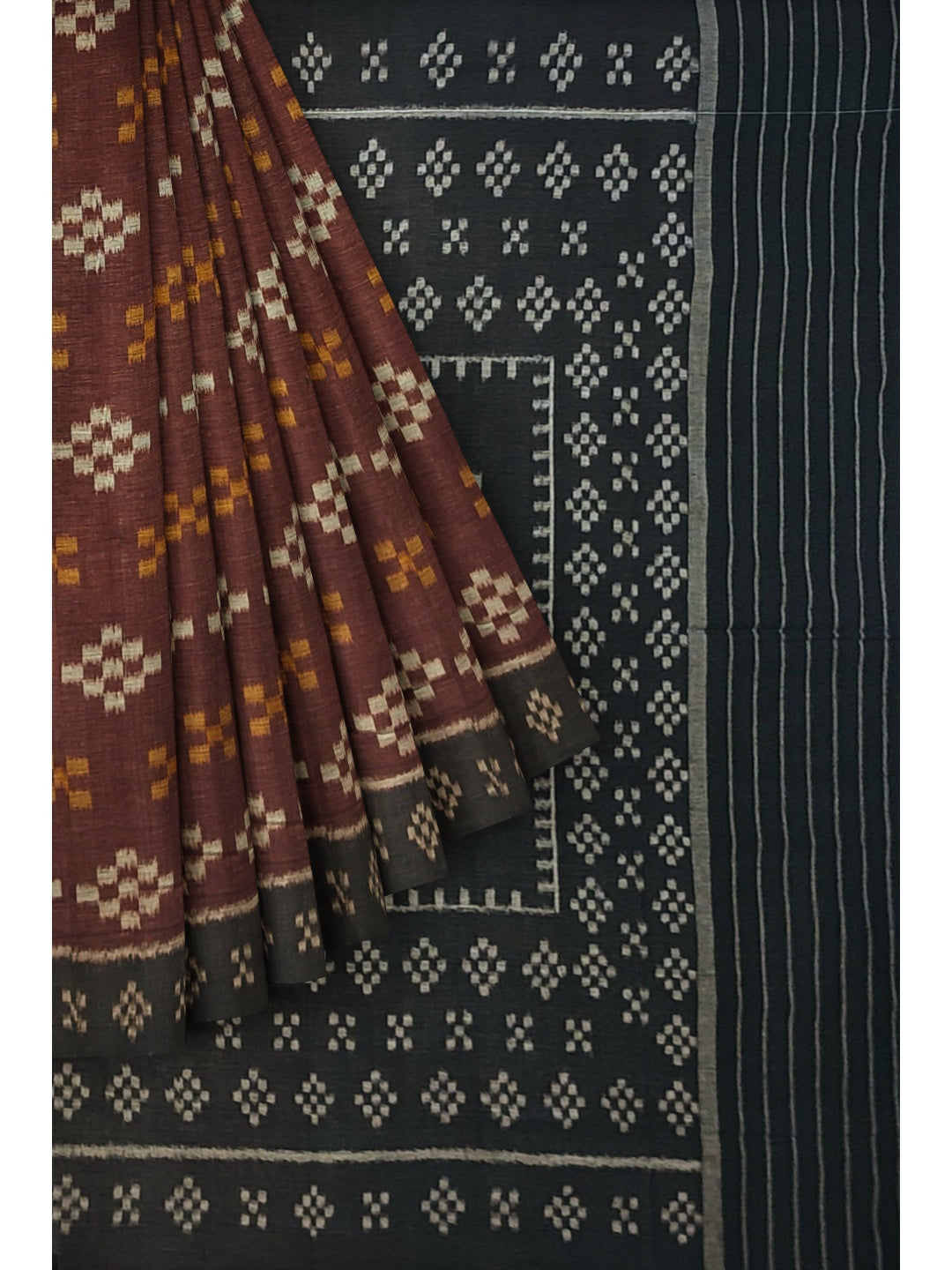 Brown Cotton Odisha Ikat saree with cotton ikat blouse piece