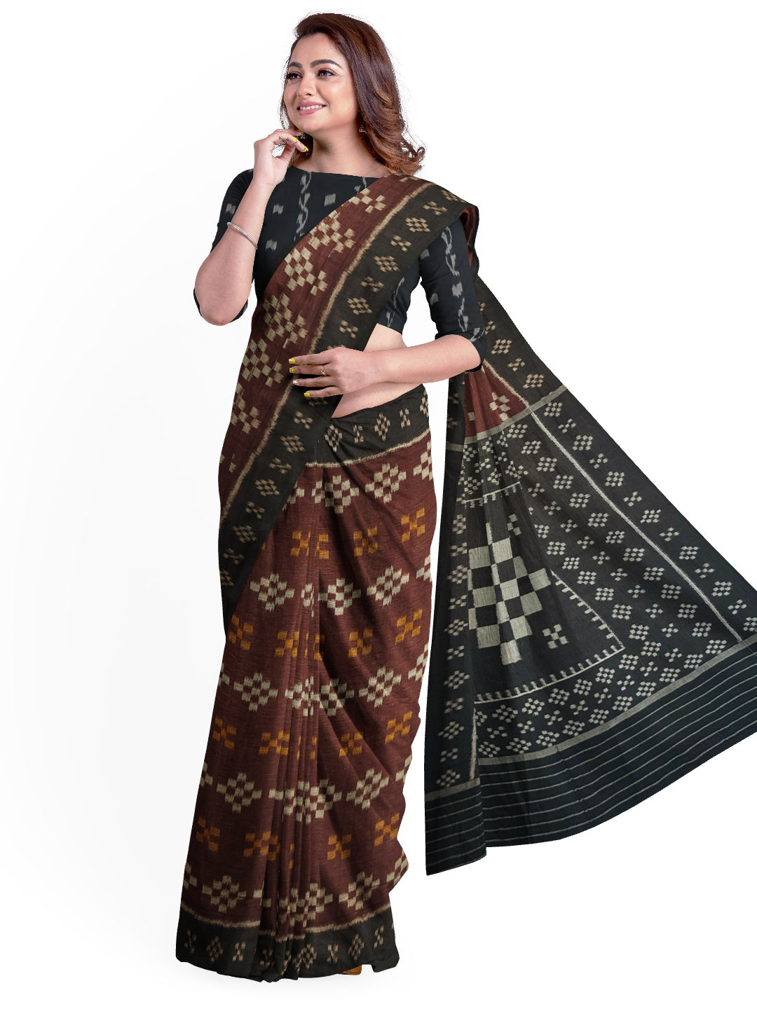 Brown Cotton Odisha Ikat saree with cotton ikat blouse piece