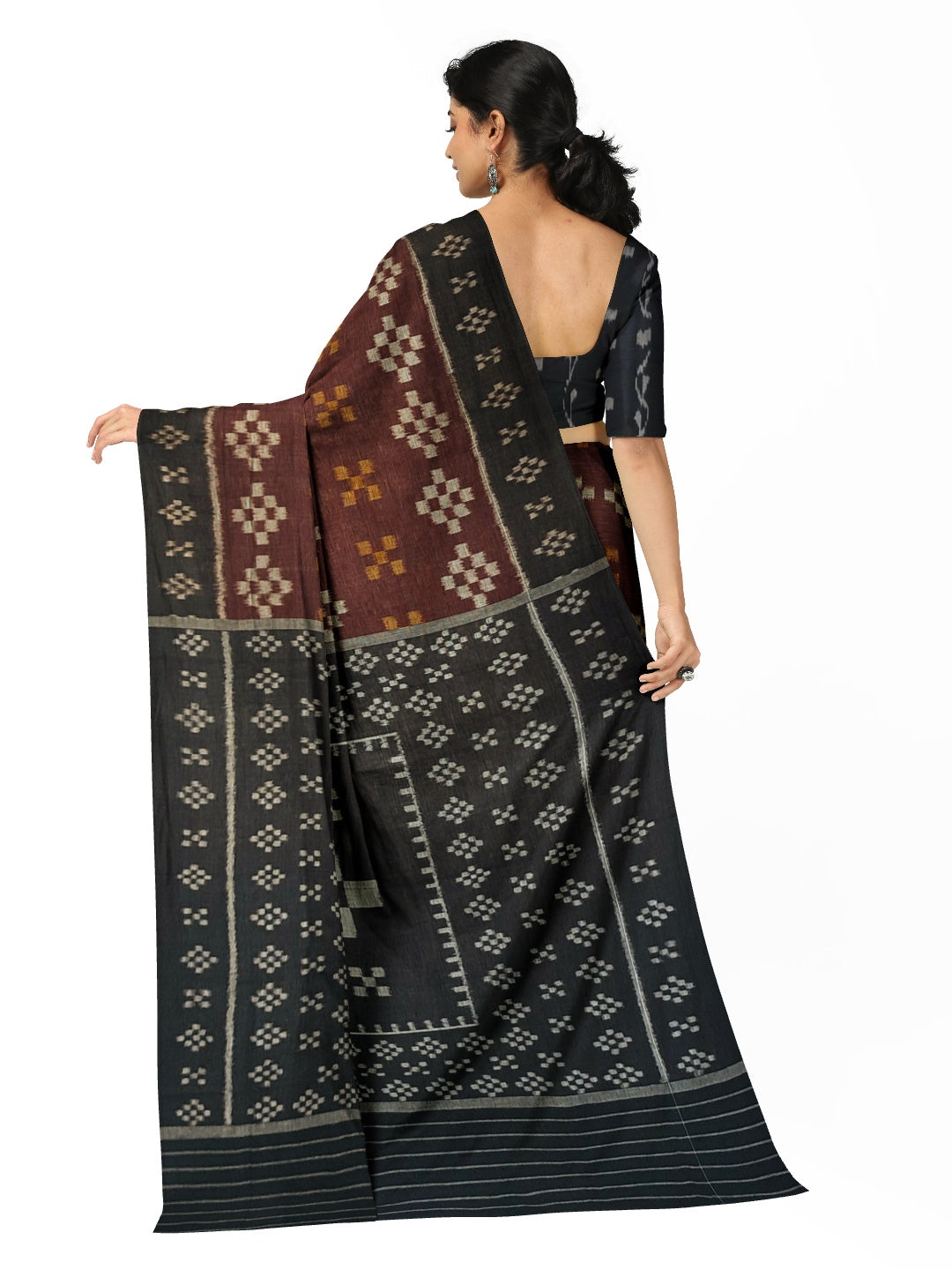 Brown Cotton Odisha Ikat saree with cotton ikat blouse piece
