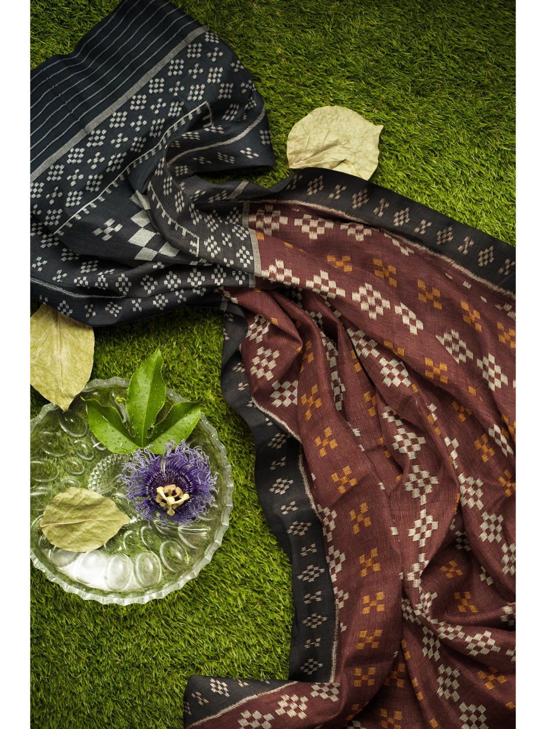 Brown Cotton Odisha Ikat saree with cotton ikat blouse piece