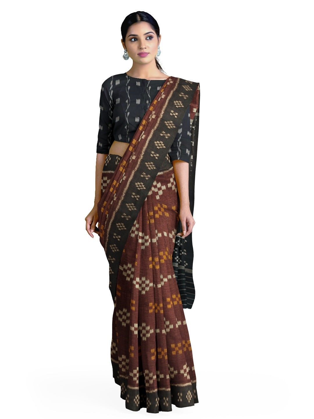 Brown Cotton Odisha Ikat saree with cotton ikat blouse piece