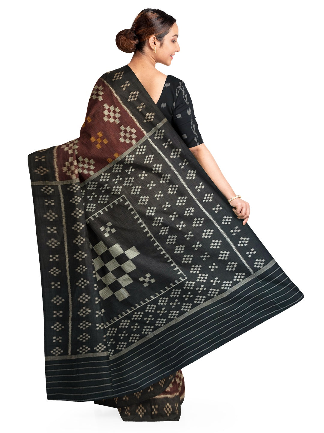 Brown Cotton Odisha Ikat saree with cotton ikat blouse piece