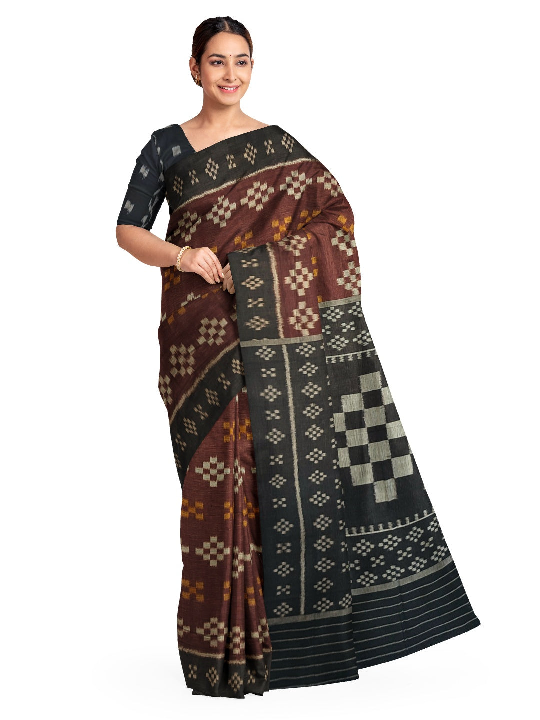 Brown Cotton Odisha Ikat saree with cotton ikat blouse piece
