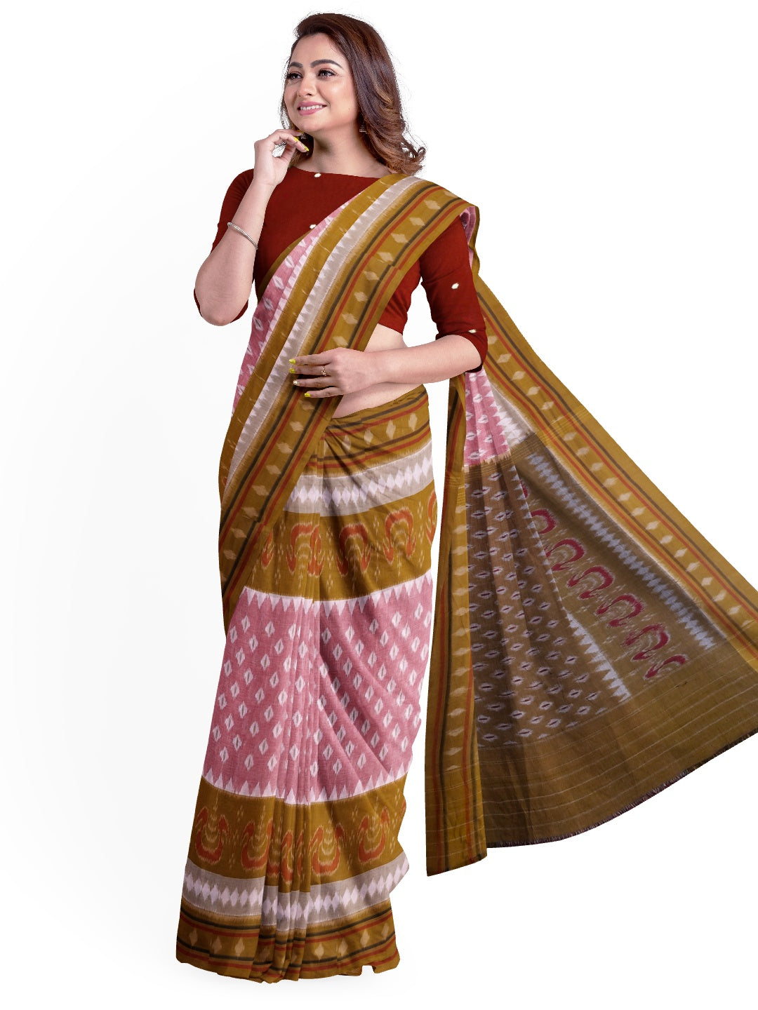 Pink Cotton Odisha Ikat saree with cotton ikat blouse piece