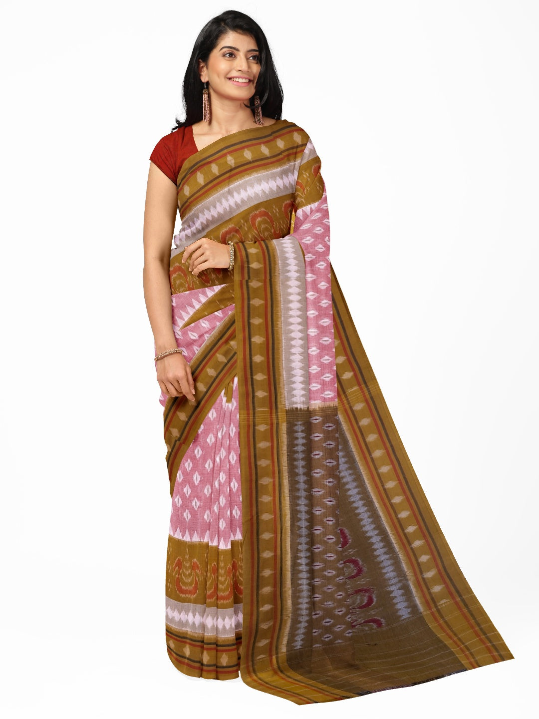 Pink Cotton Odisha Ikat saree with cotton ikat blouse piece