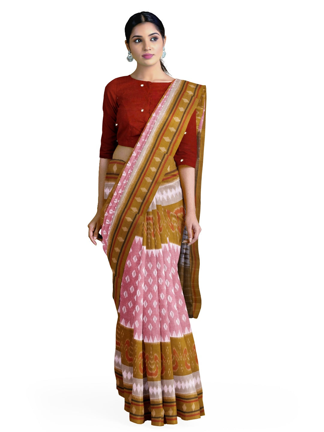 Pink Cotton Odisha Ikat saree with cotton ikat blouse piece