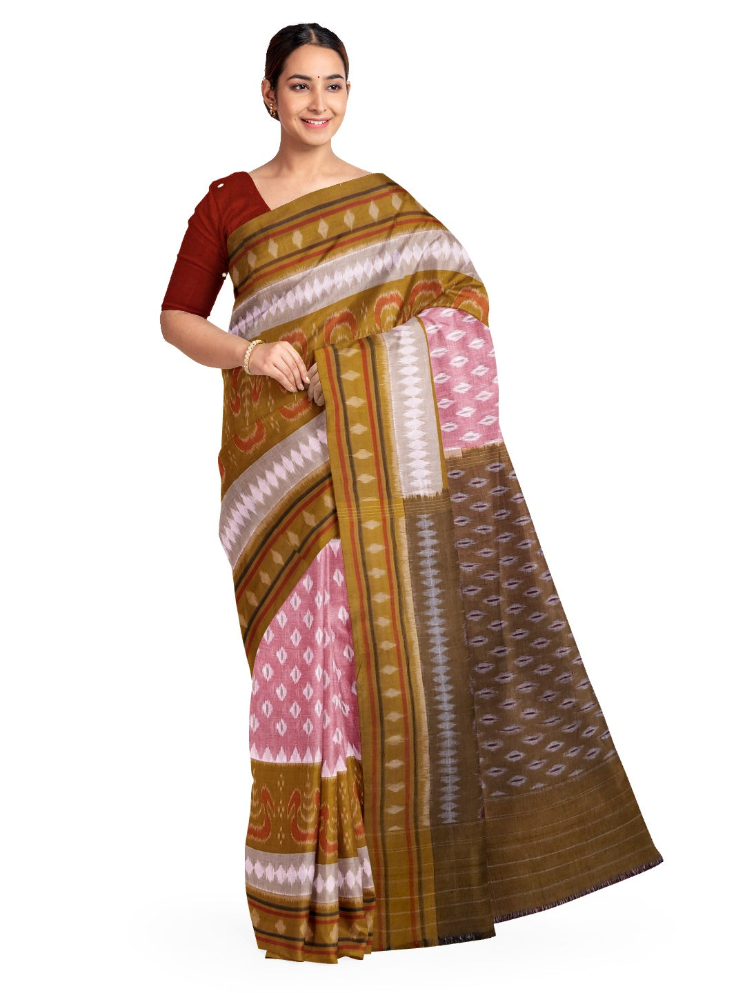 Pink Cotton Odisha Ikat saree with cotton ikat blouse piece