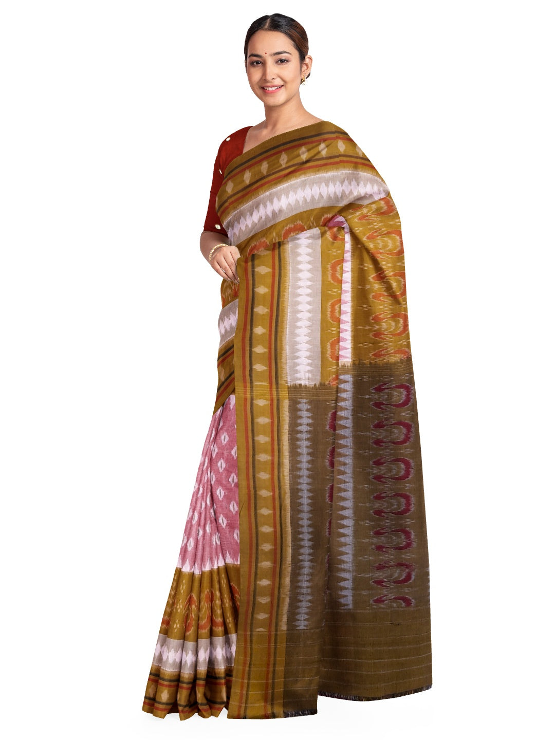 Pink Cotton Odisha Ikat saree with cotton ikat blouse piece