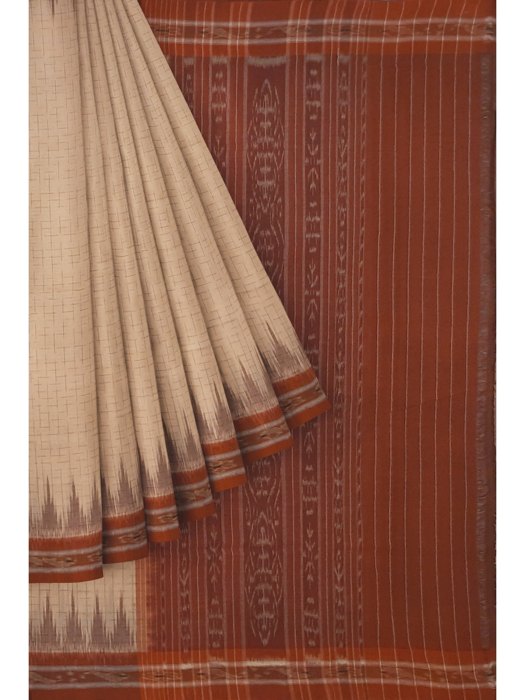 Beige and Rust Cotton Odisha Ikat saree with mix match cotton blouse piece