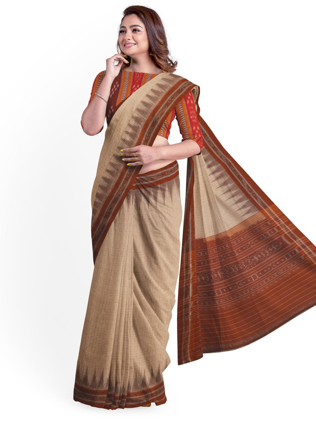 Beige and Rust Cotton Odisha Ikat saree with mix match cotton blouse piece