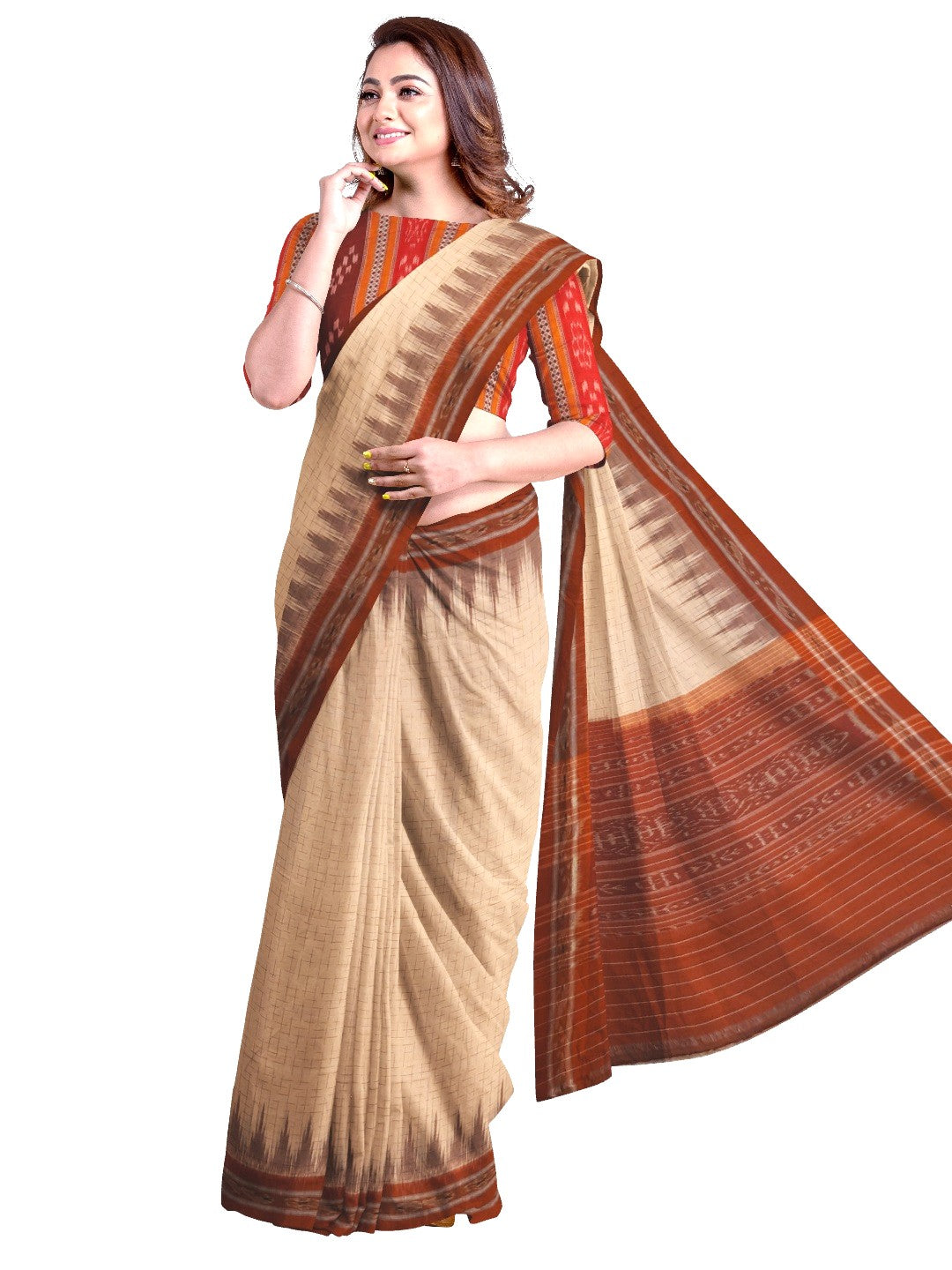 Beige and Rust Cotton Odisha Ikat saree with mix match cotton blouse piece