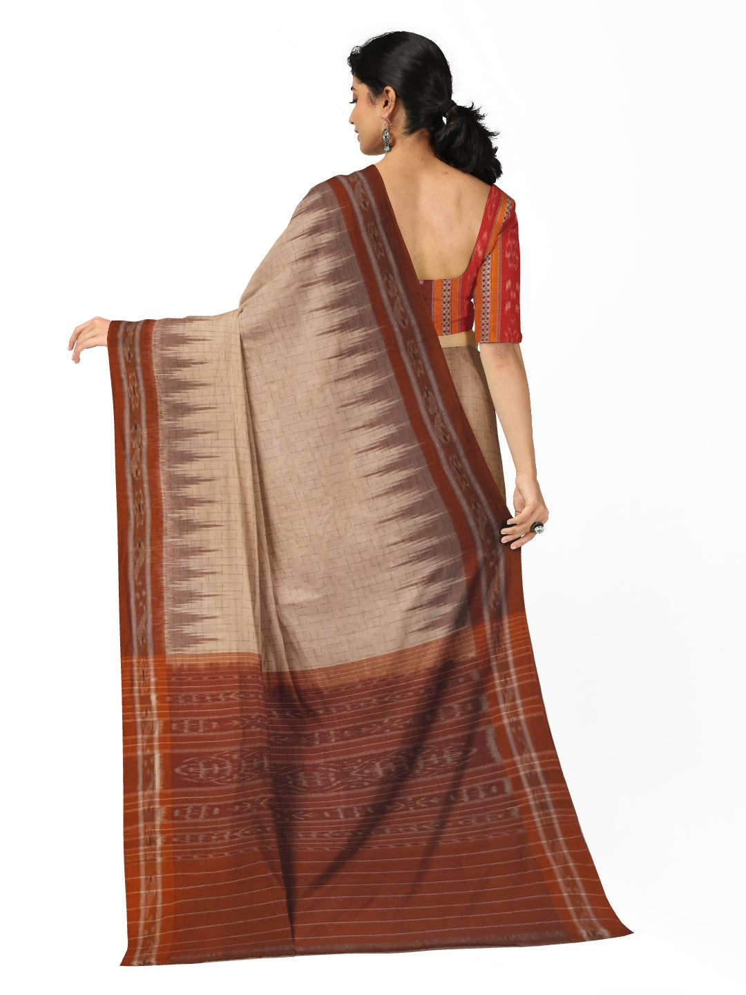 Beige and Rust Cotton Odisha Ikat saree with mix match cotton blouse piece