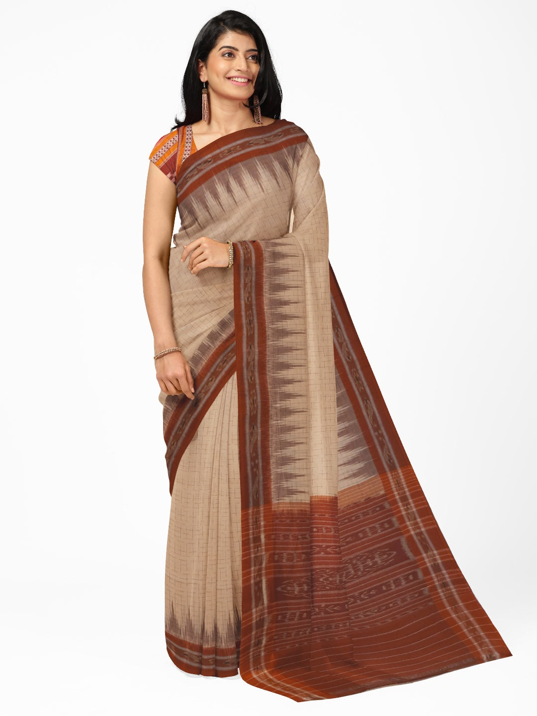 Beige and Rust Cotton Odisha Ikat saree with mix match cotton blouse piece