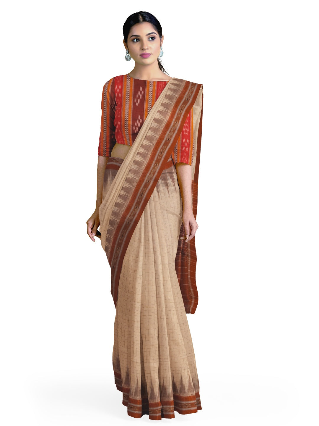 Beige and Rust Cotton Odisha Ikat saree with mix match cotton blouse piece