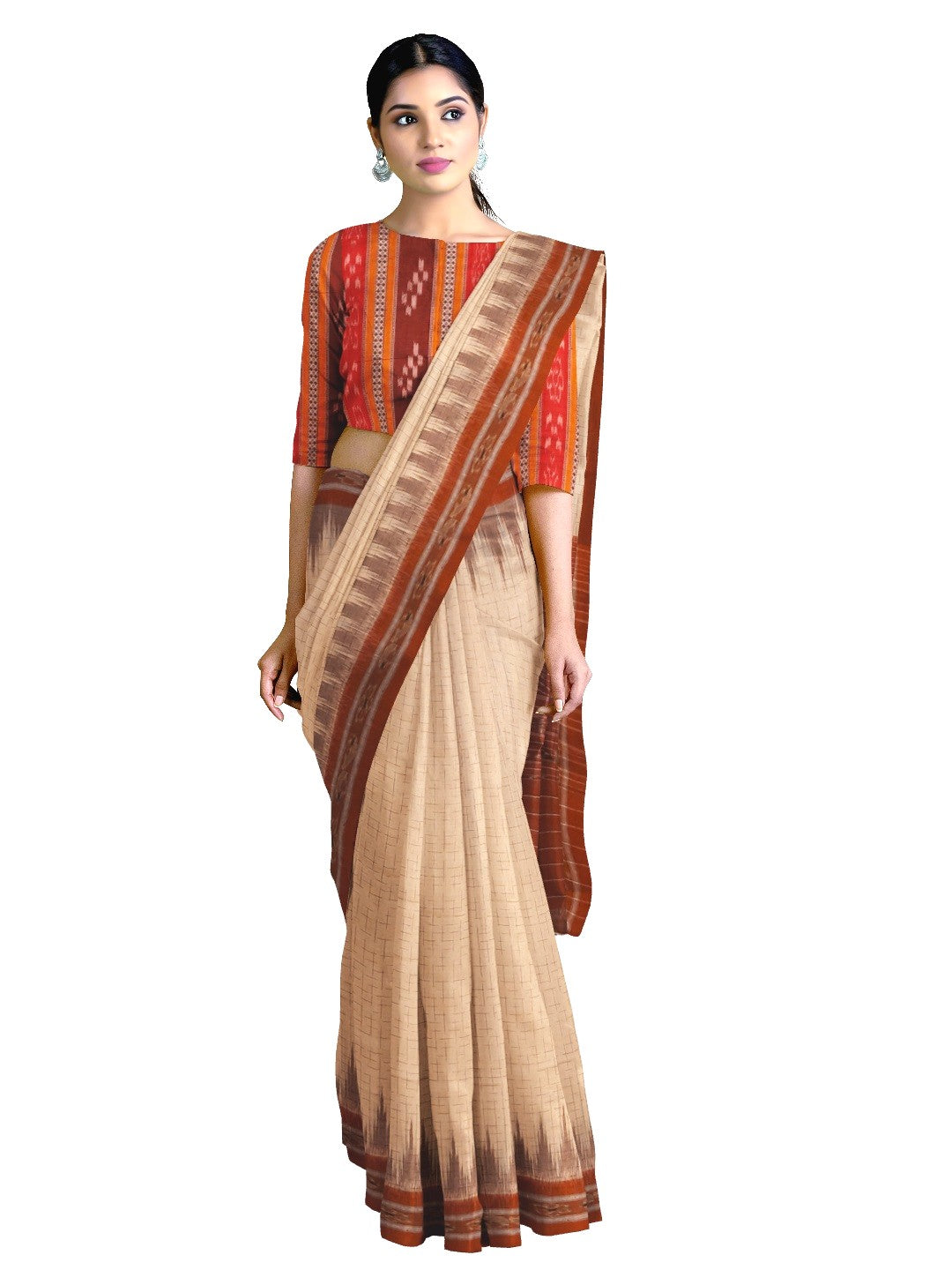Beige and Rust Cotton Odisha Ikat saree with mix match cotton blouse piece