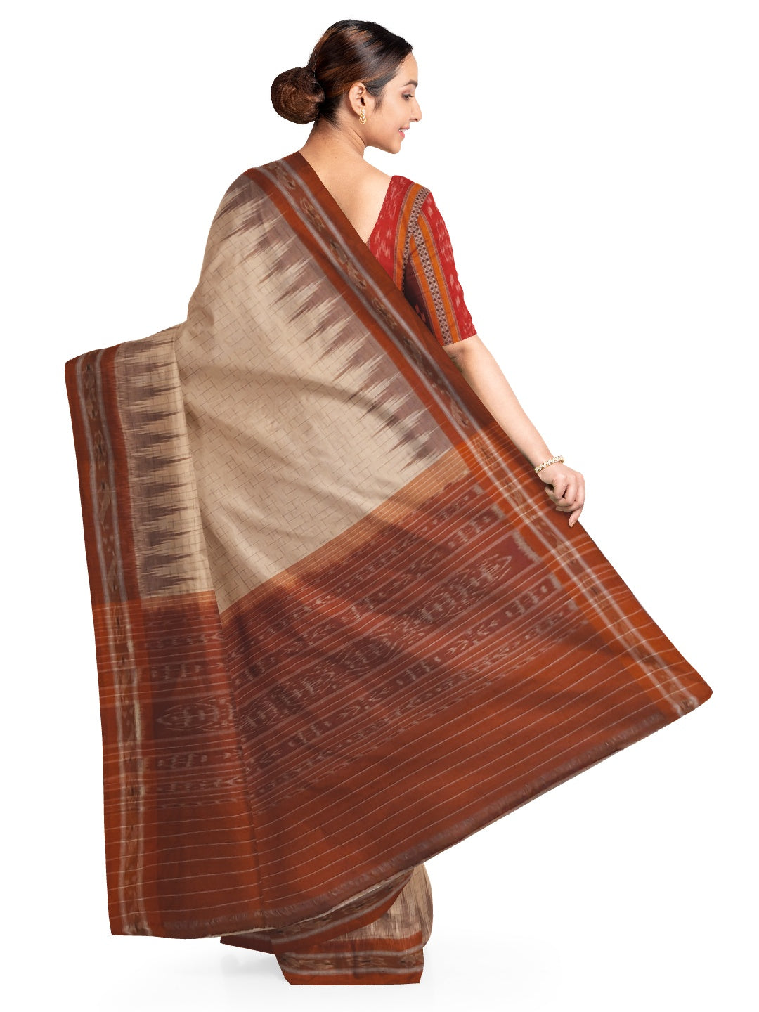 Beige and Rust Cotton Odisha Ikat saree with mix match cotton blouse piece