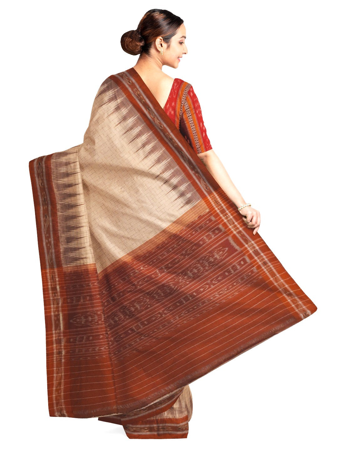 Beige and Rust Cotton Odisha Ikat saree with mix match cotton blouse piece